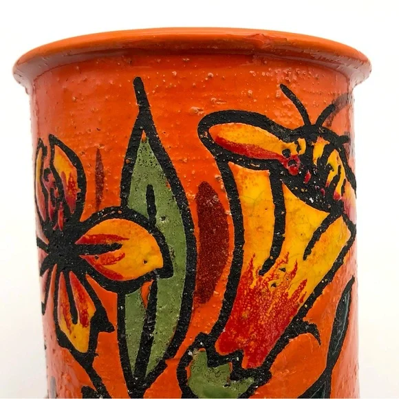 Italian Pottery Wine Crock Vase Atomic Orange Textured Lava Lily Flower Italy